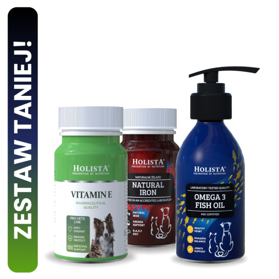 Witamina E dla psa i kota + Naturalne żelazo w tabletkach + Olej Omega3 250ml 25% TANIEJ!