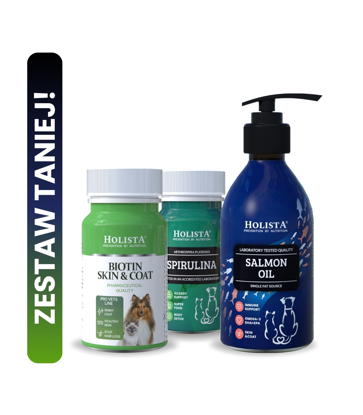 Biotin Skin & Coat + Spirulina w tabletkach + Olej z Łososia 250ml 25% TANIEJ!