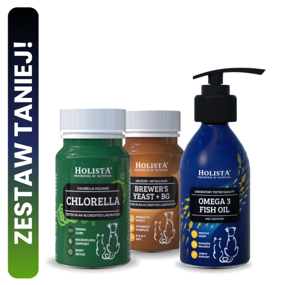 Chlorella dla psa i kota + Drożdże browarnicze w tabletkach + Olej Omega3 100ml 25% TANIEJ!