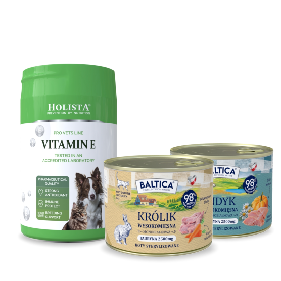 Karma mokra dla kota Królik Monobiałkowa 185g + Indyk Monoproteina 185g + Witamina E 200g