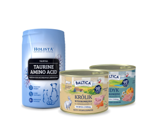 Karma mokra dla kota Królik Monobiałkowa 185g + Indyk Monoproteina 185g + Tauryna 250g