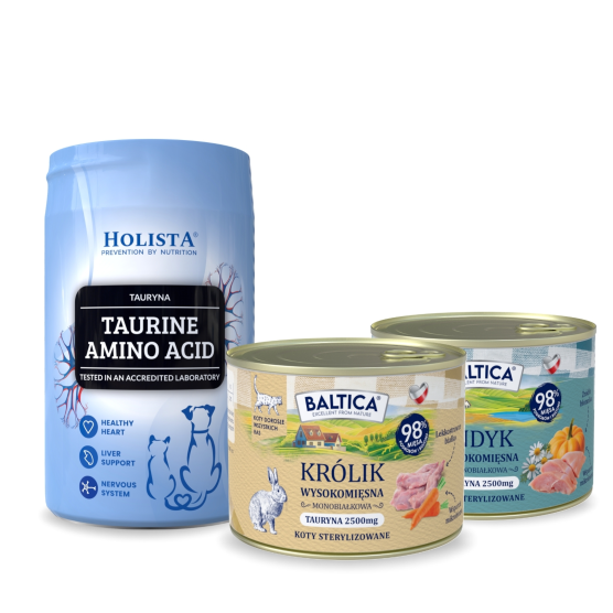 Karma mokra dla kota Królik Monobiałkowa 185g + Indyk Monoproteina 185g + Tauryna 250g