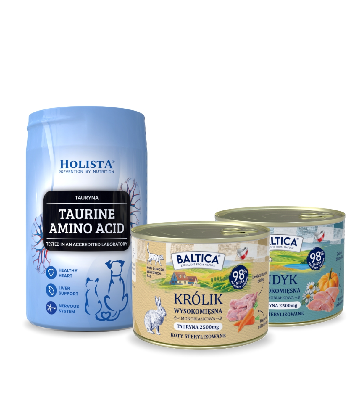 Karma mokra dla kota Królik Monobiałkowa 185g + Indyk Monoproteina 185g + Tauryna 250g