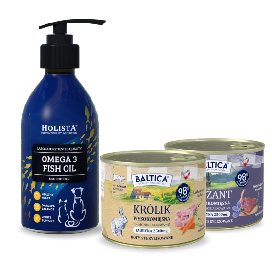 Karma mokra dla kota Królik Monobiałkowa 185g + Bażant Monoproteina 185g + Olej Omega3 250ml