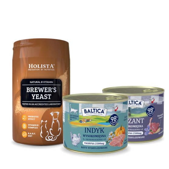 Karma mokra dla kota Bażant Monoproteina 185g + Indyk Monoproteina 185g + Drożdże browarnicze 200g