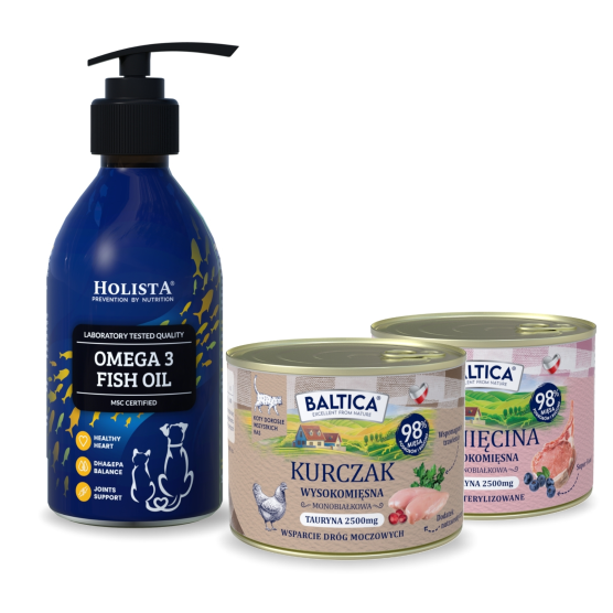 Karma mokra dla kota Kurczak Monoproteina 185g + Jagnięcina Monobiałkowa 185g + Olej Omega3 250ml