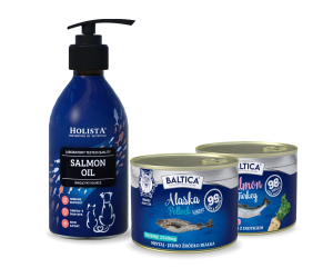 Karma mokra dla kota 100% Mintaj LIGHT 185g + Łosoś z indykiem 185g + Olej z Łososia 250ml