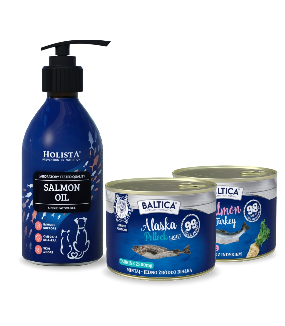 Karma mokra dla kota 100% Mintaj LIGHT 185g + Łosoś z indykiem 185g + Olej z Łososia 250ml