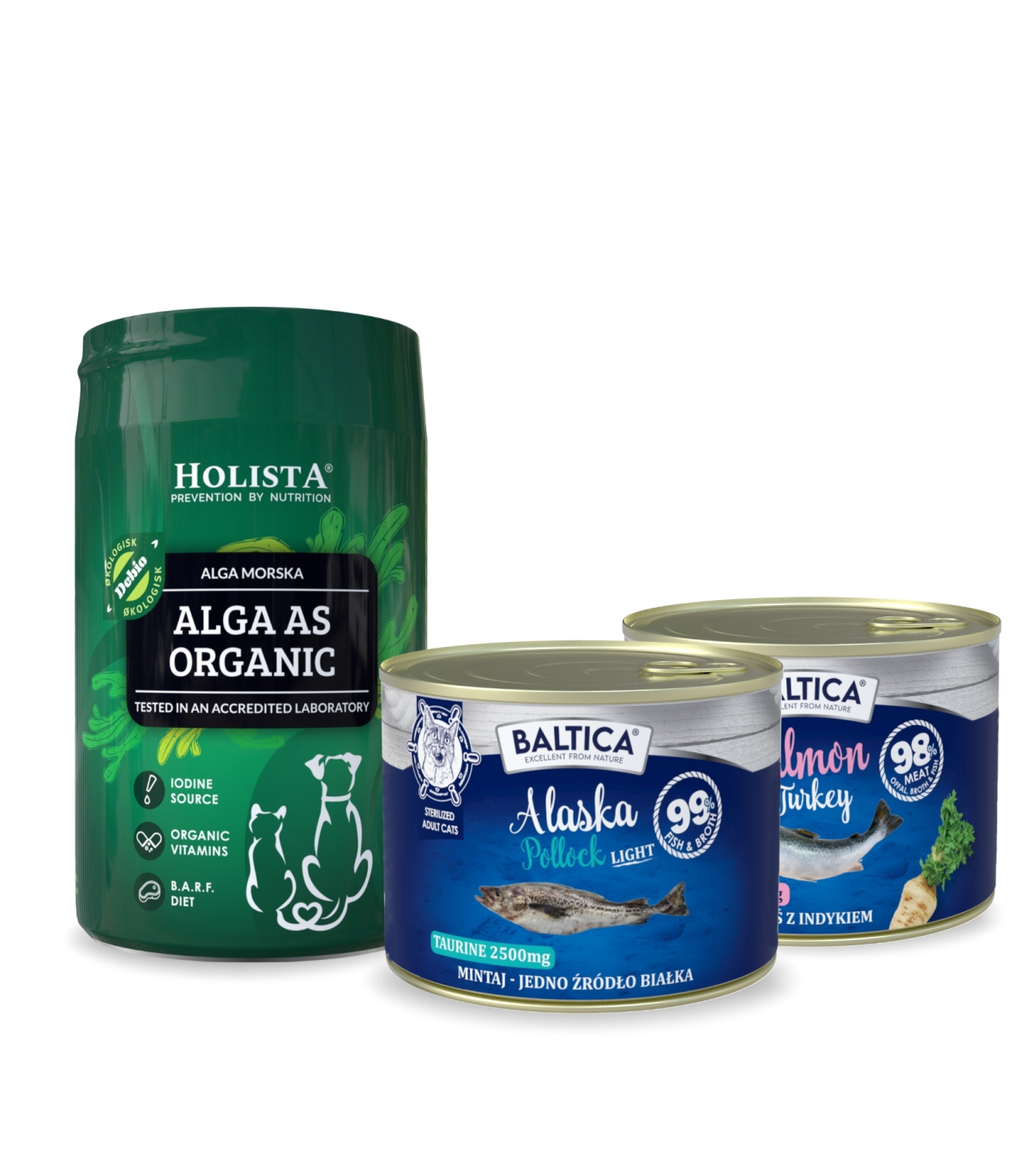 Karma mokra dla kota 100% Mintaj LIGHT 185g + Łosoś z indykiem 185g + Alga organiczna 250g