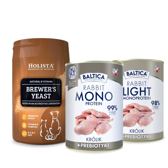 Karma mokra dla psa Królik Monoproteina 400g + Królik Light 400g + Drożdże browarnicze 200g