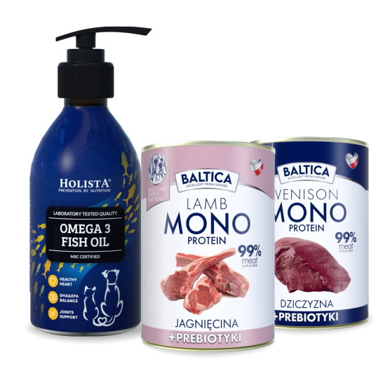 Karma mokra dla psa Jagnięcina Monoproteina 400g + Dziczyzna Monoproteina 400g + Olej Omega3 250ml