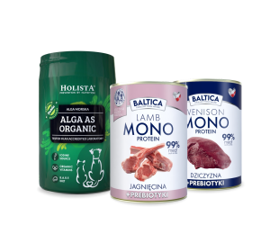 Karma mokra dla psa Jagnięcina Monoproteina 400g + Dziczyzna Monoproteina 400g + Alga organiczna 250g