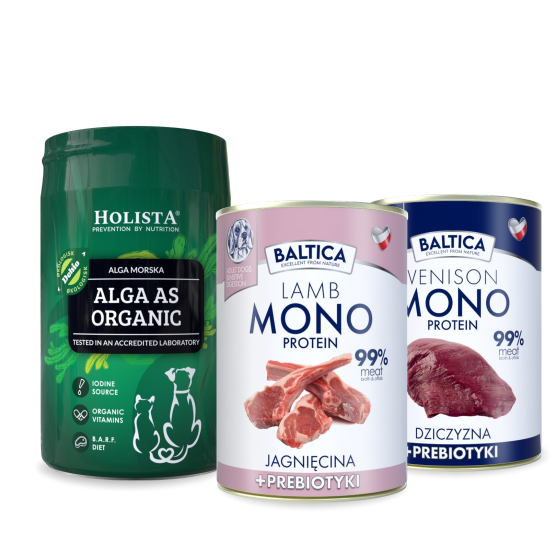 Karma mokra dla psa Jagnięcina Monoproteina 400g + Dziczyzna Monoproteina 400g + Alga organiczna 250g