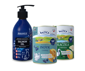 Karma mokra dla psa Indyk Monoproteina 400g + Kaczka monoproteina 400g + Olej z łososia 250ml