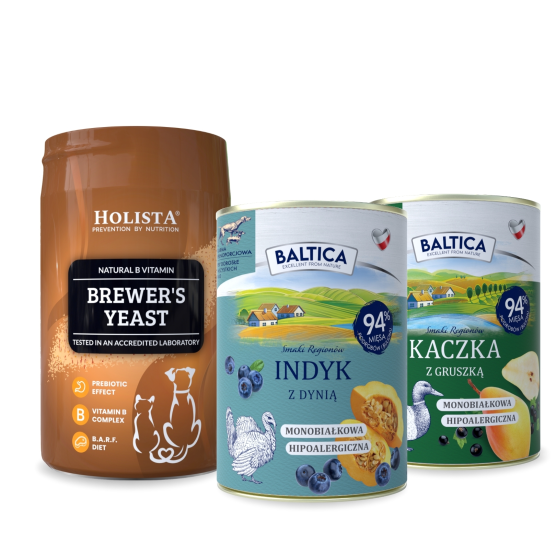 Karma mokra dla psa Indyk Monoproteina 400g + Kaczka monoproteina 400g + Drożdże browarnicze 200g
