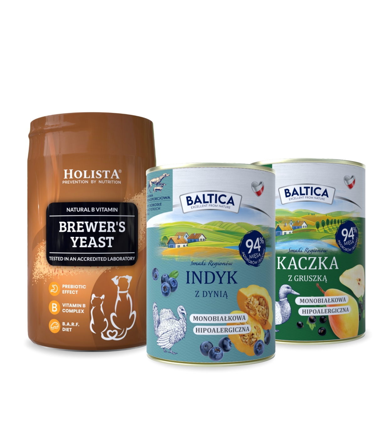Karma mokra dla psa Indyk Monoproteina 400g + Kaczka monoproteina 400g + Drożdże browarnicze 200g