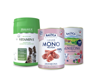 Karma mokra dla psa Jagnięcina Monoproteina 400g + Jagnięcina z malinami 400g + Witamina E 200g