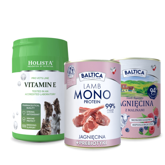 Karma mokra dla psa Jagnięcina Monoproteina 400g + Jagnięcina z malinami 400g + Witamina E 200g