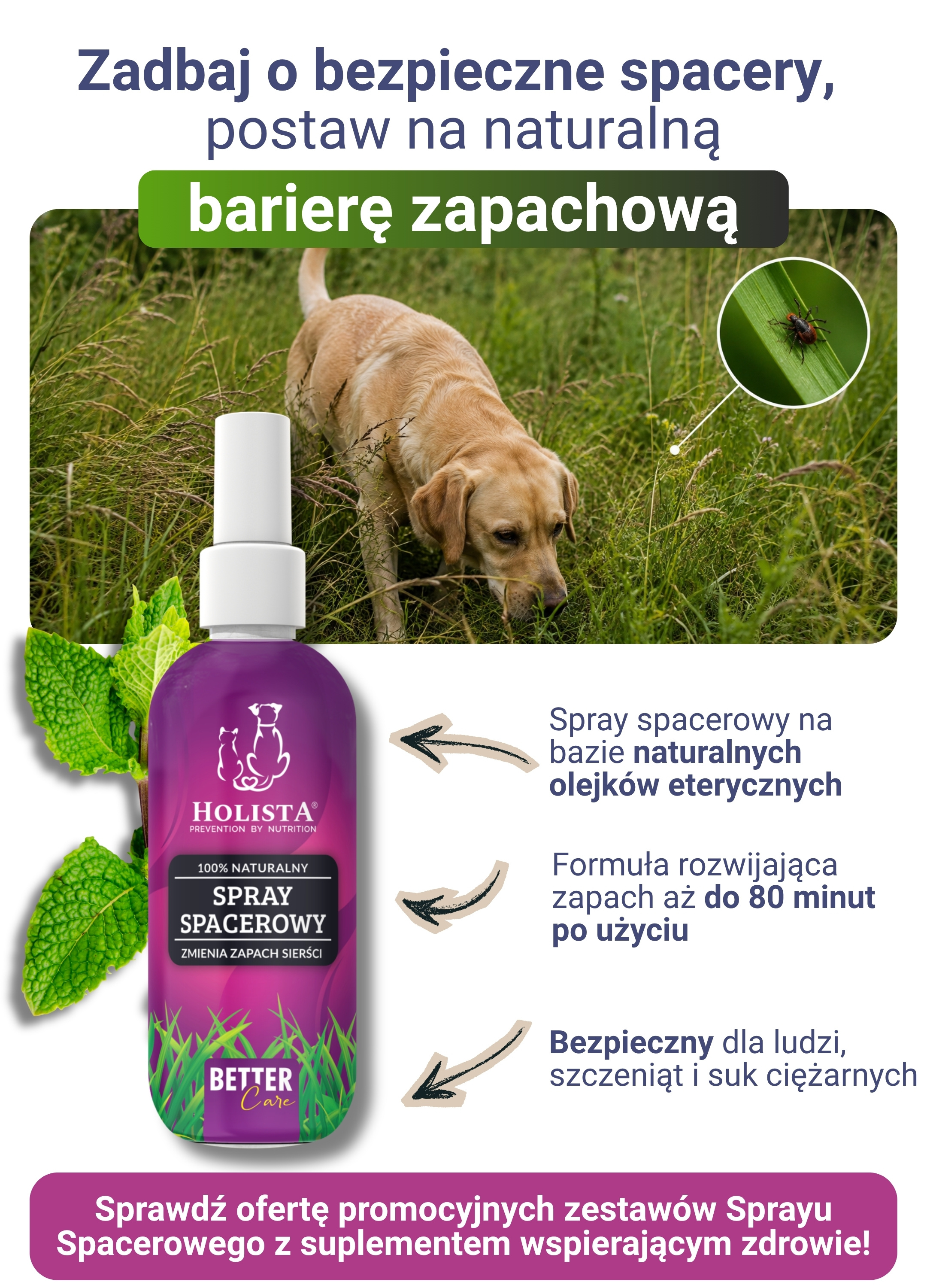 Spray na kleszcze Holista. Zadbaj o bezpieczne spacery,  postaw na naturalną barierę zapachową.  Spray spacerowy na bazie naturalnych olejków eterycznych. Formuła rozwijająca zapach aż do 80 minut  po użyciu. Bezpieczny dla ludzi, szczeniąt i suk ciężarnych.  Sprawdź ofertę promocyjnych zestawów Sprayu Spacerowego z suplementem wspierającym zdrowie!